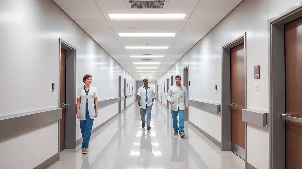 Modern hospital corridor with clean white walls, bright LED lighting, and professional medical staff walking purposefully through hallway, warm welcoming atmosphere