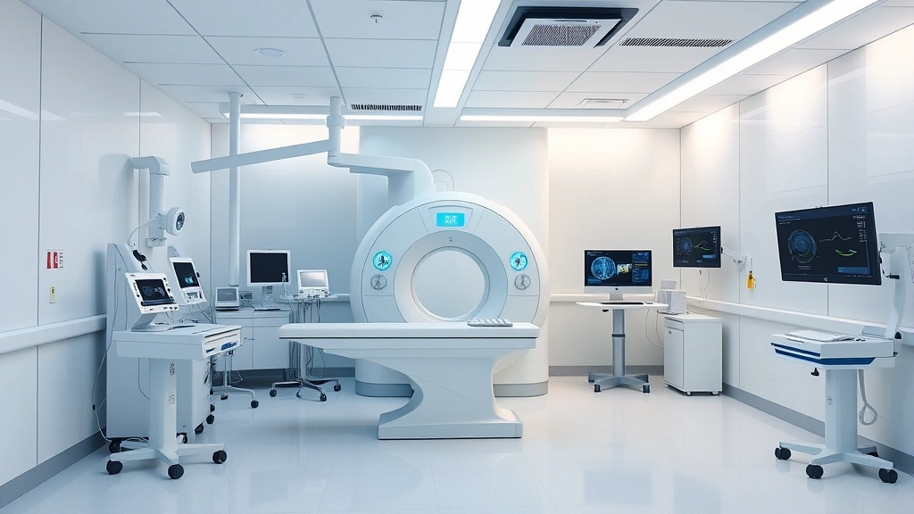 State-of-the-art medical imaging room with advanced CT scanner equipment, sterile environment, comfortable patient examination area with modern technology