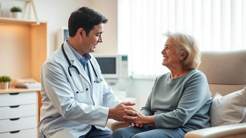 Compassionate healthcare scene showing doctor consulting with patient in comfortable clinical setting, warm lighting, modern medical technology visible, professional yet caring atmosphere