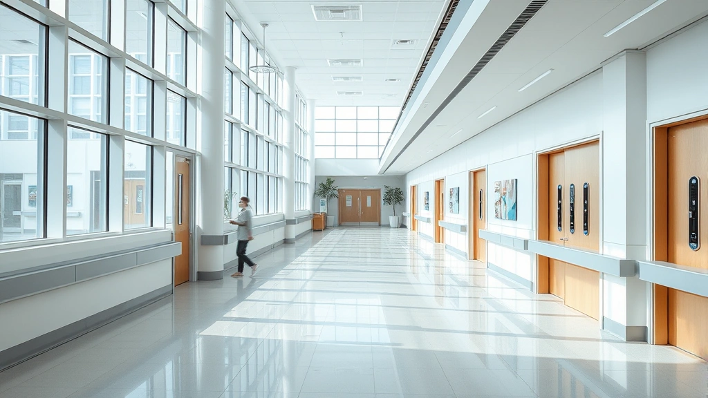 Modern hospital interior with bright, clean corridors, natural lighting through large windows, contemporary medical facility design with welcoming atmosphere and professional healthcare environment