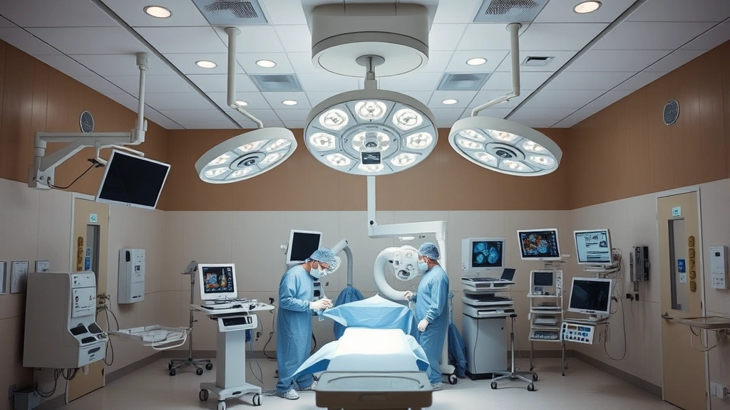 State-of-the-art operating room with advanced surgical equipment, sterile environment, surgical lights overhead, and modern medical technology visible but no people present
