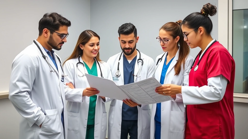 Diverse team of medical professionals in scrubs and white coats reviewing patient information together in a collaborative clinical setting, focused and engaged in discussion