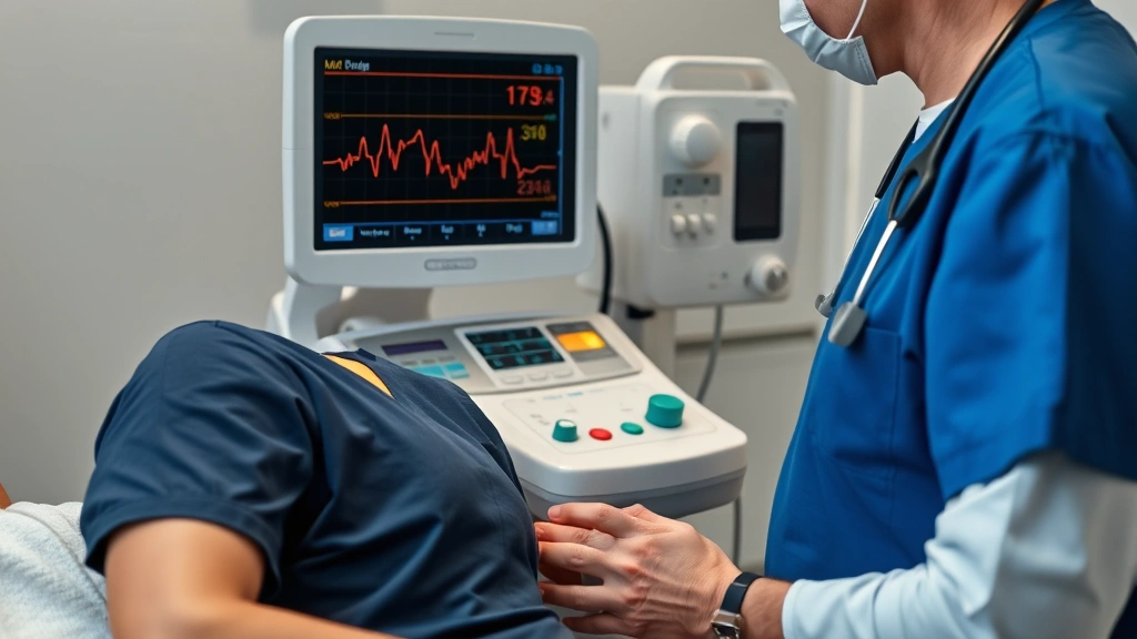 Patient receiving cardiac monitoring with heart rate display visible, medical professional in scrubs attentively checking equipment, photorealistic clinical setting