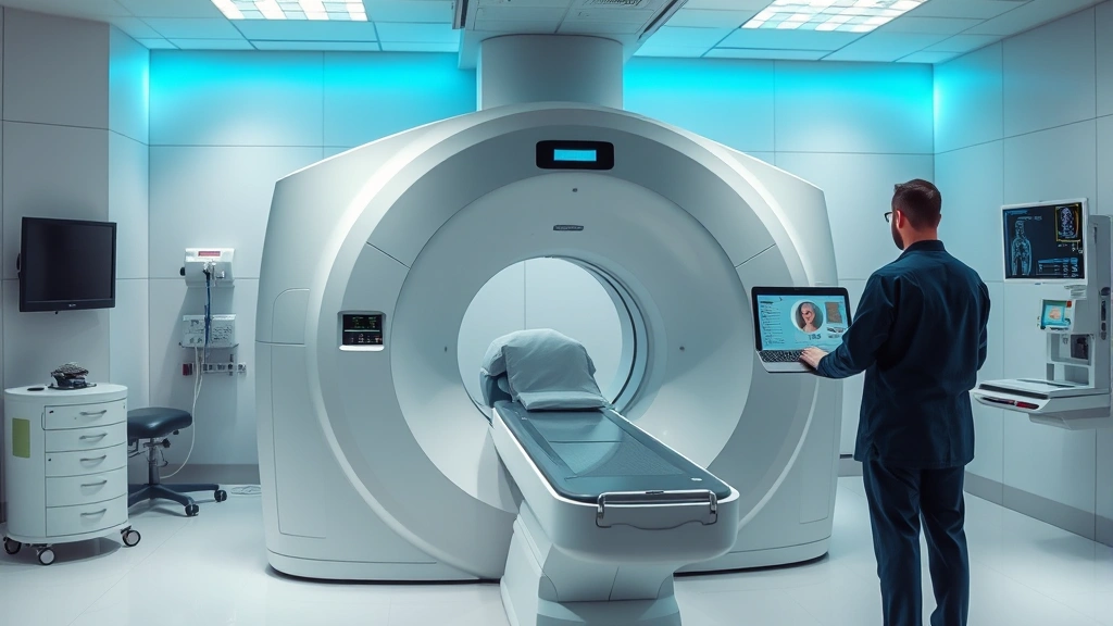 Advanced MRI machine in radiology department with technician at control panel, modern medical imaging facility, photorealistic healthcare technology