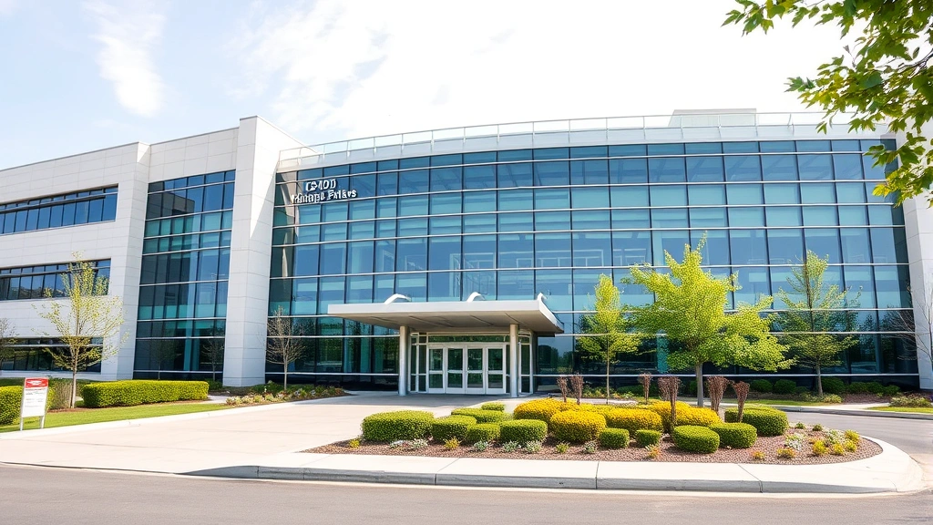 Modern hospital building exterior with glass facade and professional landscaping, welcoming entrance, daytime natural lighting, medical facility architecture