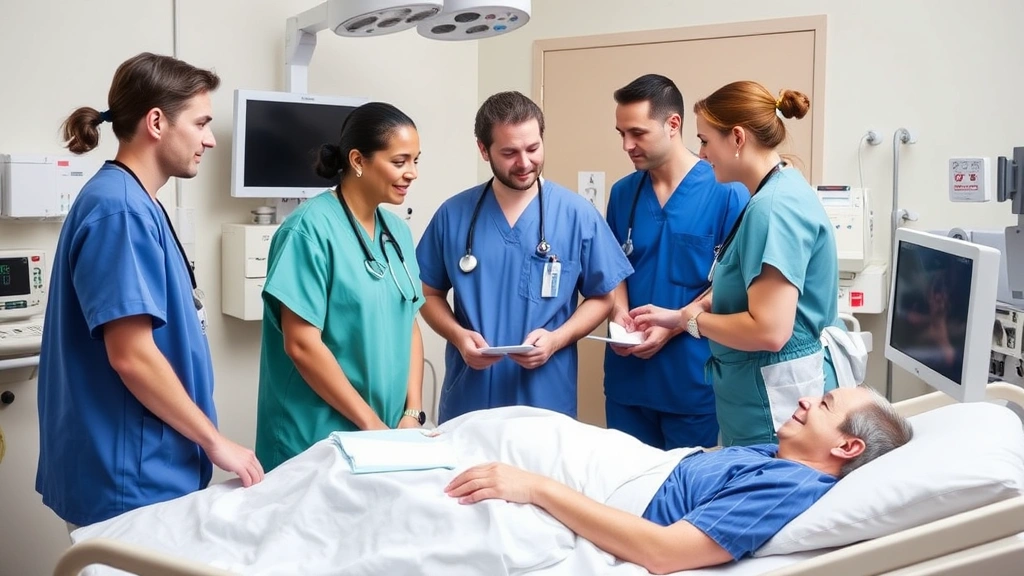 Healthcare professionals in clinical setting collaborating around patient bedside, doctors and nurses in scrubs, medical monitors and equipment visible, compassionate interaction