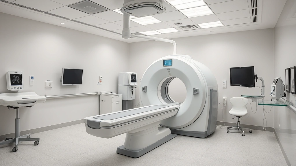 State-of-the-art medical imaging room with advanced diagnostic equipment, CT or MRI machine, clean modern medical facility interior, professional healthcare environment