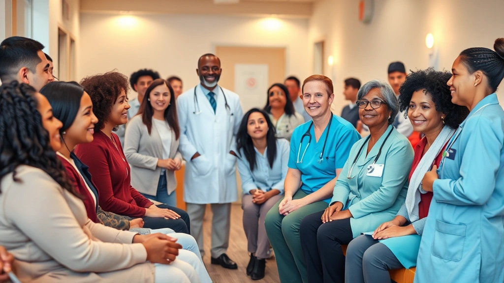 Diverse healthcare workers and patients in a modern community health clinic waiting room, warm lighting, people of various ages and ethnicities, welcoming environment