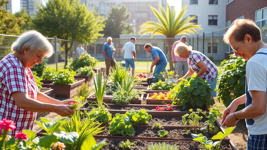 Community garden with residents of different ages tending to vegetables and plants, bright sunlight, diverse group working together in urban setting