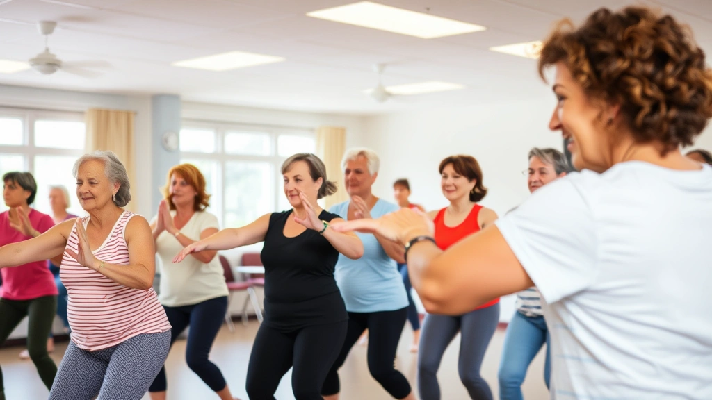 Group fitness class in a community center with participants of various ages and abilities exercising together, energetic atmosphere, inclusive wellness environment