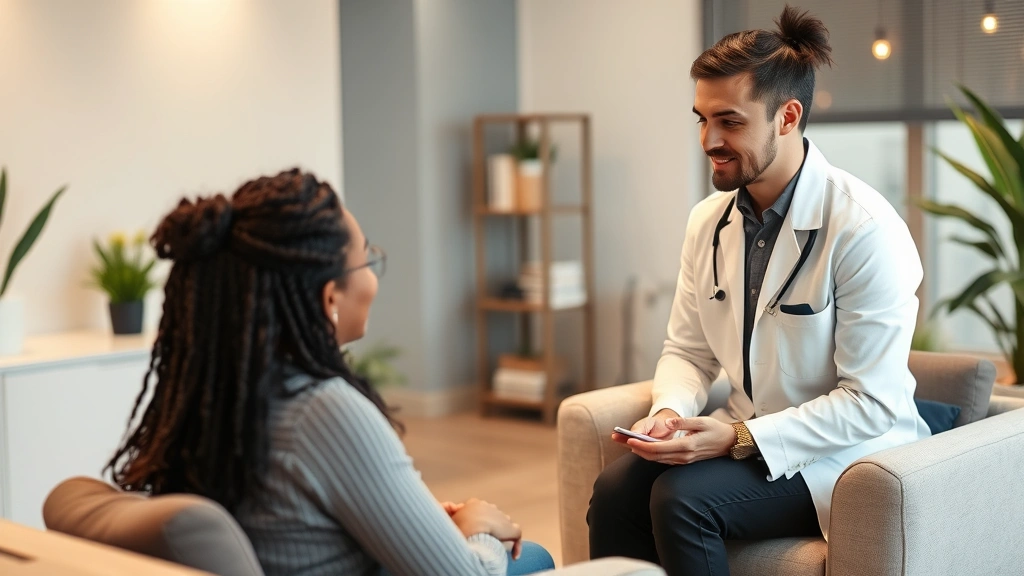 A professional therapist in a modern clinical office listening attentively to a diverse client during a counseling session, warm lighting, comfortable furniture, peaceful atmosphere