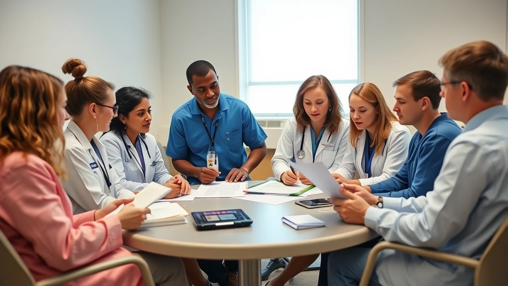 A diverse team of mental health professionals collaborating in a hospital conference room, reviewing patient files and discussing treatment plans together