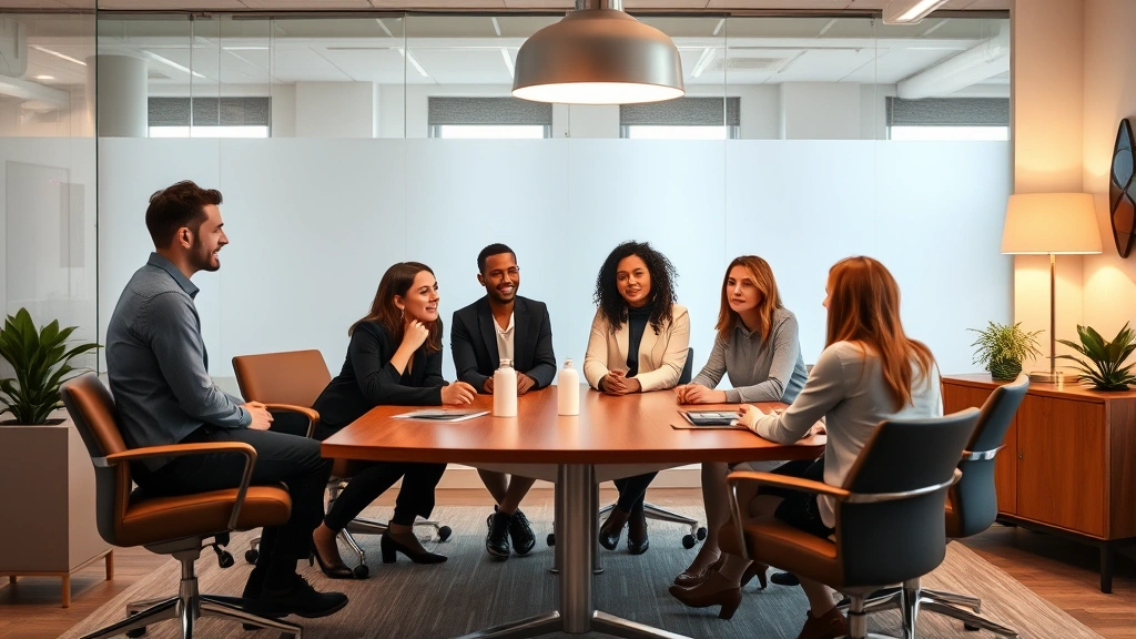 Professional diverse behavioral health team in modern clinical office setting, having collaborative discussion around conference table with warm lighting and contemporary furniture