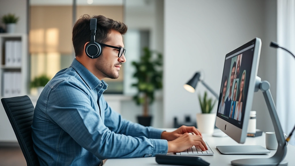 Male mental health professional at computer workstation conducting telehealth session, modern home office setup with professional background, focused concentration on screen