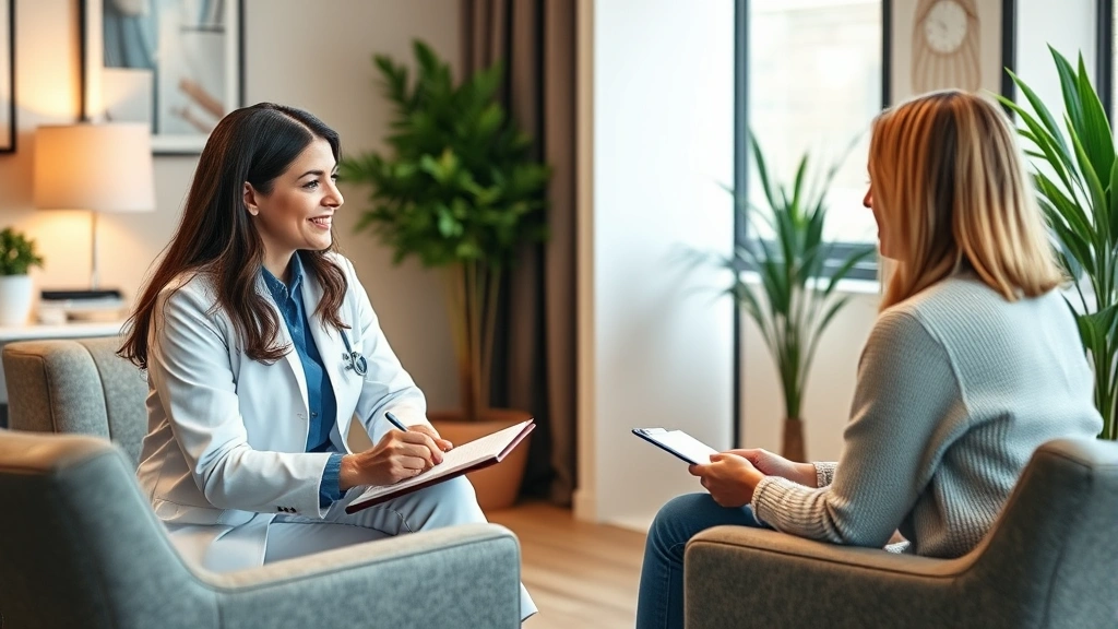 Professional behavioral health specialist in clinical office setting, sitting across from client in comfortable therapy room with warm lighting, note-taking, compassionate engagement