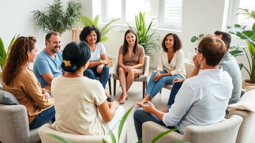 Diverse group of people in supportive group therapy session sitting in circle, open body language, natural conversation, therapeutic environment with plants and soft furnishings