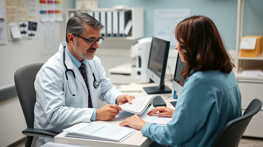 Behavioral health specialist at hospital desk reviewing patient files and clinical notes, professional medical setting with computers and organized workspace, focused documentation