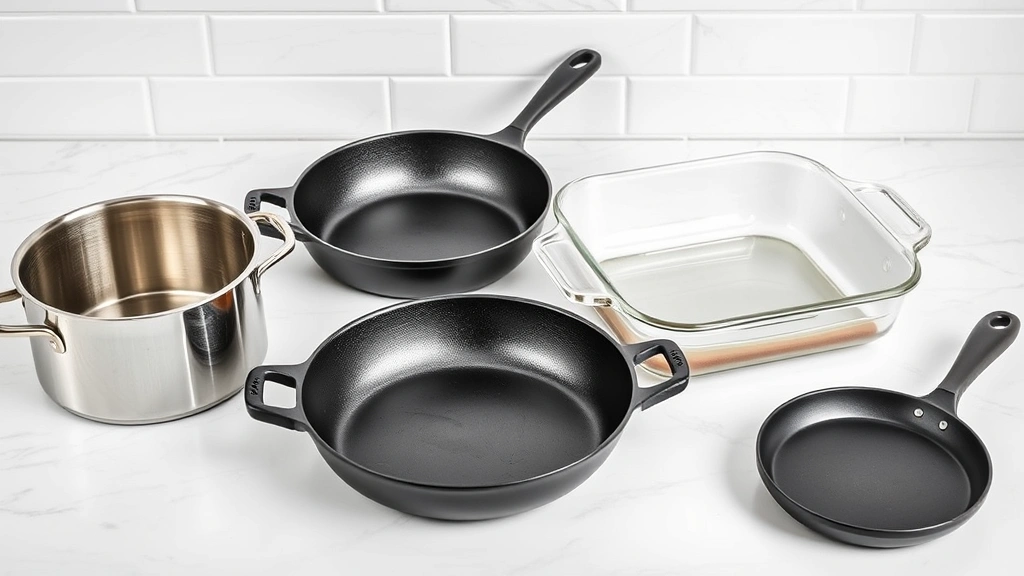 Five different cookware pieces arranged on white marble counter: stainless steel pot, cast iron skillet, ceramic pan, glass baking dish, and non-stick frying pan, all empty and clean, professional product photography style