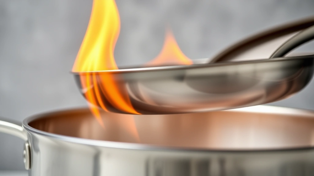 Close-up of heat being applied to various cookware materials simultaneously, showing different thermal reactions and color changes, scientific demonstration style with neutral background