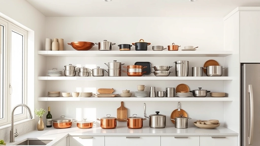 Modern kitchen with open shelving displaying organized cookware collection including multiple material types, natural daylight streaming through windows, minimalist aesthetic, no text or labels visible