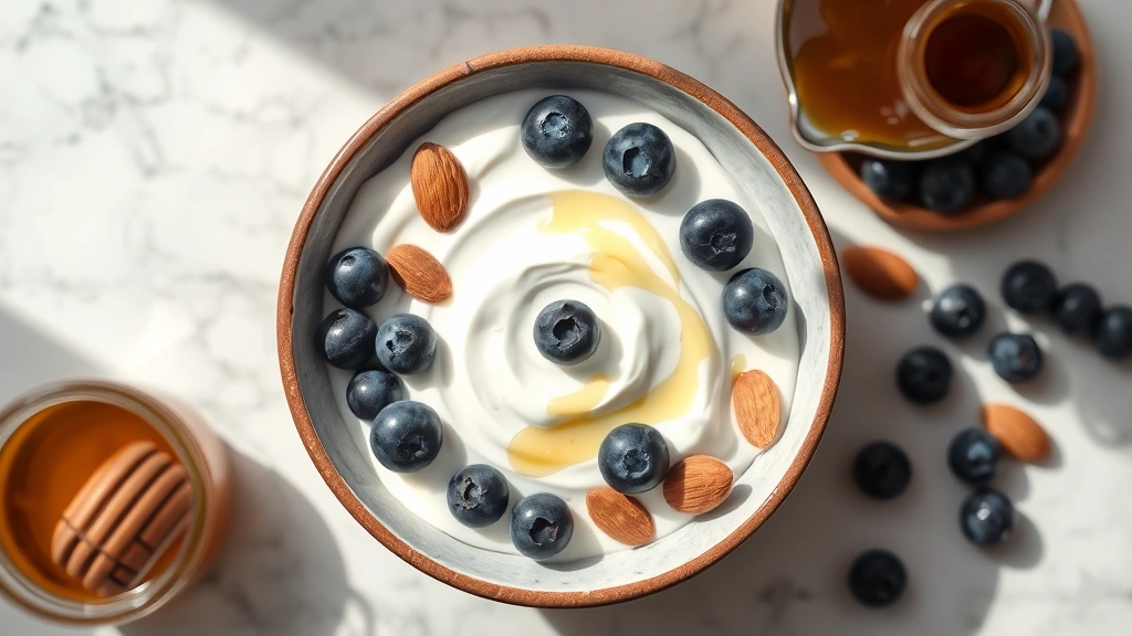 Overhead shot of creamy plain yogurt in a ceramic bowl with fresh blueberries, sliced almonds, and drizzled honey on a marble countertop, natural morning light, minimalist styling