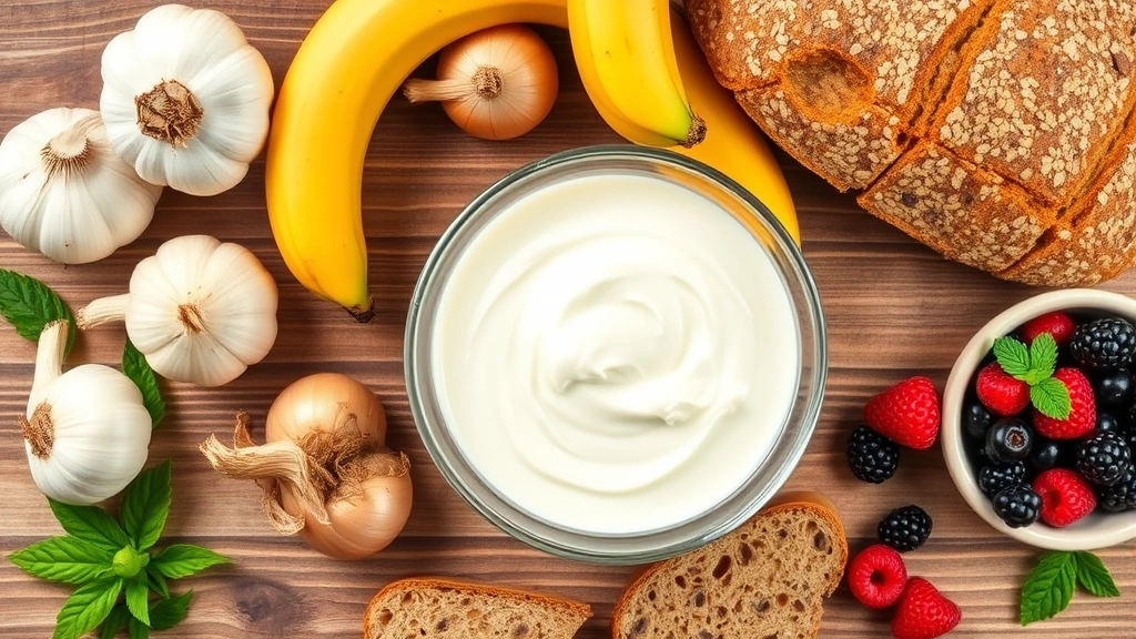 Flat lay composition showing Greek yogurt in a glass bowl surrounded by prebiotic foods including garlic, onions, bananas, whole grain bread, and fresh berries on a wooden surface