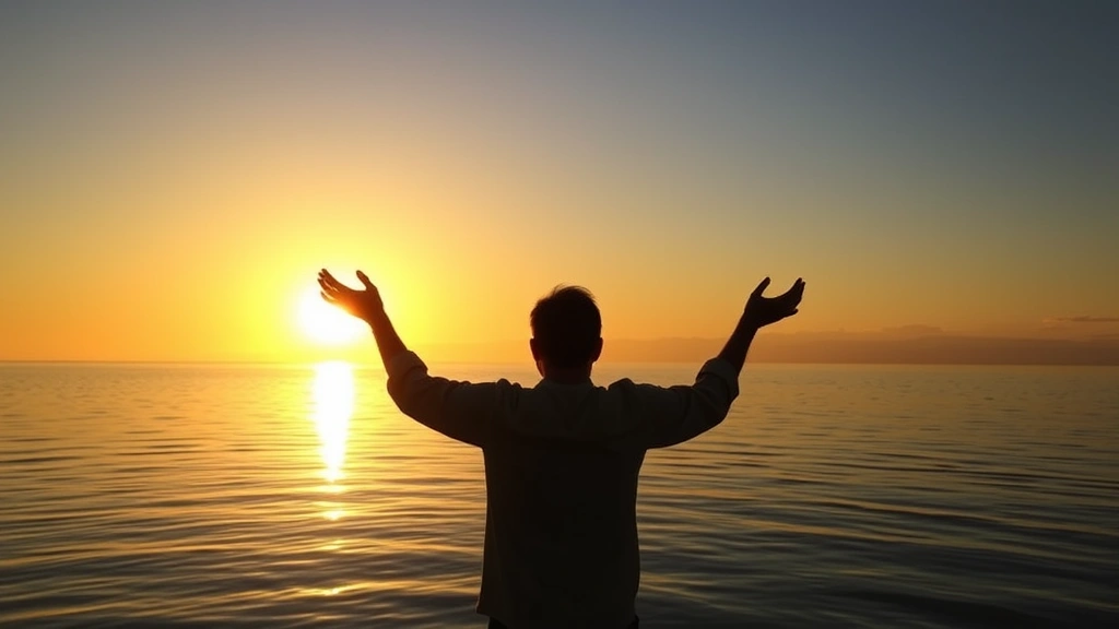 Sunrise over calm water with silhouette of person standing with arms open, symbolizing hope, renewal, and spiritual awakening