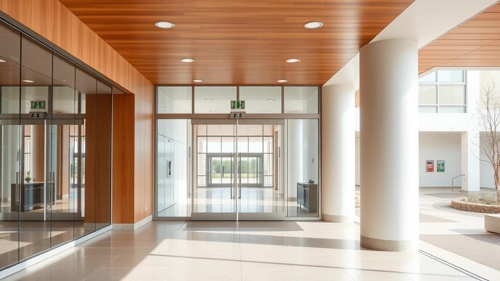 Modern hospital entrance with glass doors and contemporary architectural design, bright natural lighting, clean interior hallway with warm earth tones