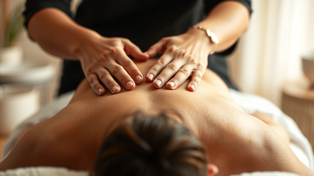 Close-up of hands performing gentle therapeutic touch on a client's back, soft lighting, peaceful spa environment with neutral tones, client lying face down on massage table