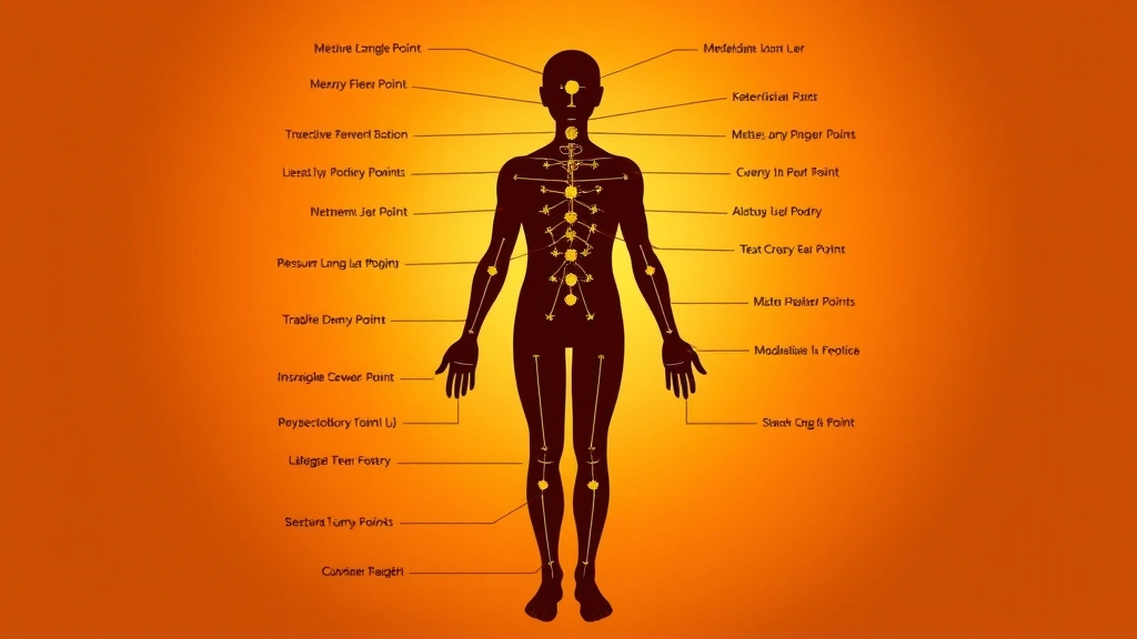 Anatomical illustration style showing meridian points and pressure points on human body silhouette, warm golden light, holistic wellness concept, no text or labels