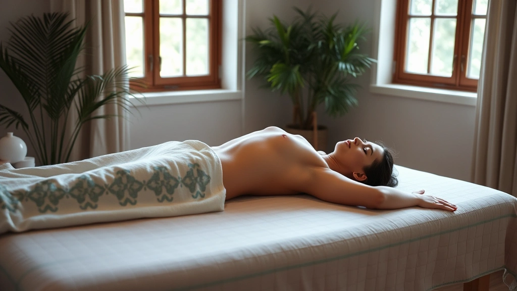 Person lying face-down on massage table in peaceful wellness setting, soft natural light through window, relaxed body position, professional therapeutic environment
