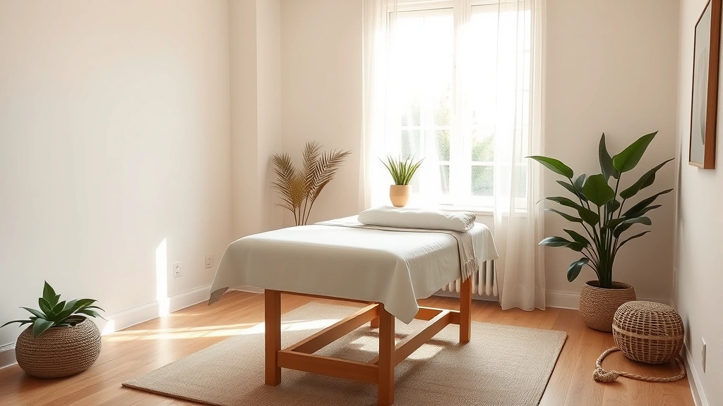 Serene wellness practitioner's office interior with massage table, soft natural light through window, calming neutral colors, plant elements, peaceful healing space aesthetic