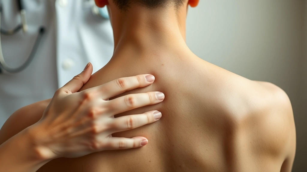 Detailed view of hands working on upper back area, precise finger placement, gentle pressure technique, professional healthcare setting with warm tones