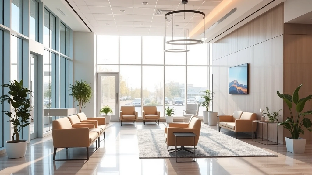 Modern healthcare facility interior with welcoming reception area, comfortable seating, natural light streaming through windows, warm neutral tones, professional yet calming atmosphere
