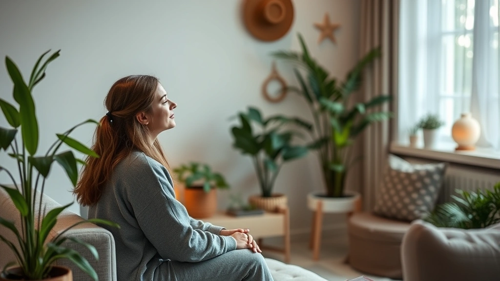 Individual in peaceful therapeutic session setting, comfortable room with natural elements, plants, soft lighting, representing evidence-based counseling and recovery support environment