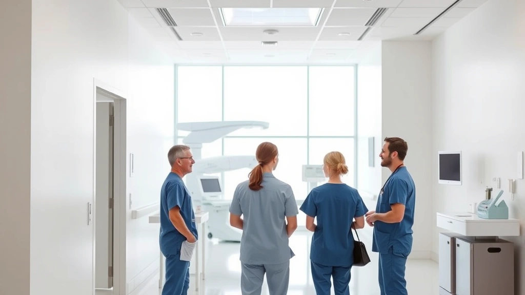 Modern medical facility interior with clean white walls, professional healthcare workers in scrubs consulting, bright natural lighting through large windows, contemporary diagnostic equipment visible in background