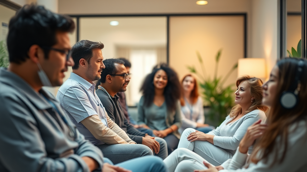 Peaceful healthcare setting with diverse people feeling relaxed and supported, warm lighting, wellness atmosphere, no text no words no letters