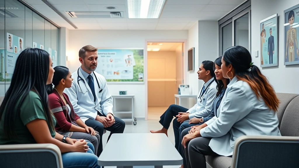 Professional healthcare setting with diverse patients consulting with doctors in modern clinic, warm lighting, comfortable waiting area, health posters visible