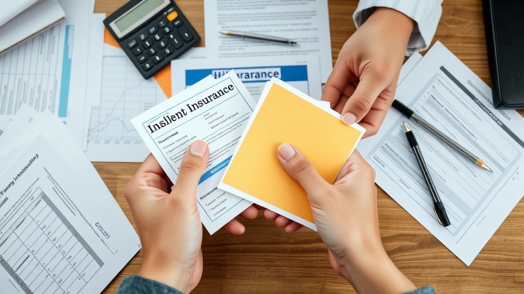 Close-up of diverse hands holding health insurance cards and documents on desk, calculator and pen nearby, organized paperwork arrangement