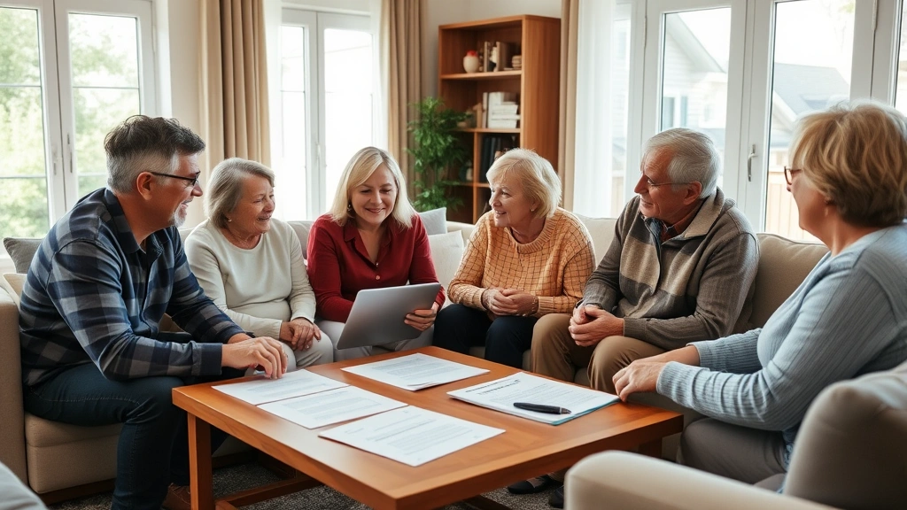 Multi-generational family in living room discussing healthcare options with tablet and documents spread on coffee table, natural daylight streaming through windows