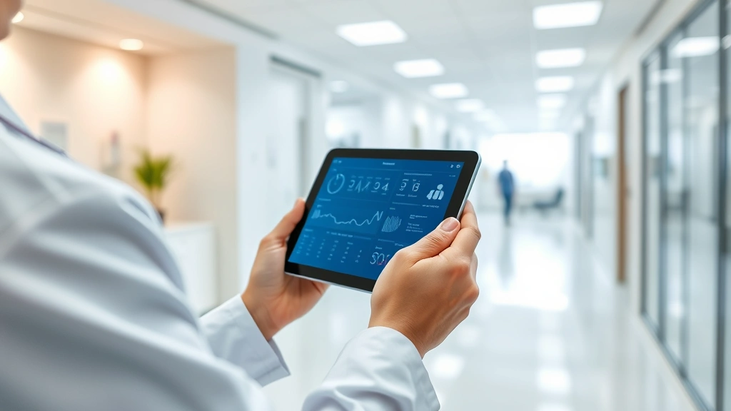 Person using tablet to check medical records in modern healthcare clinic, hands holding device showing health dashboard interface, soft medical office lighting