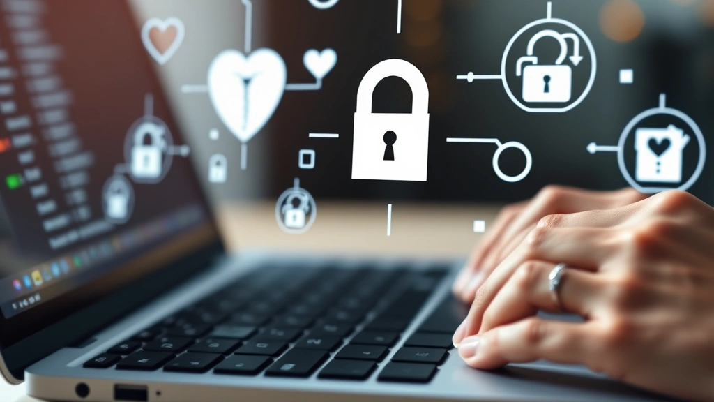 Close-up of hands typing password on laptop keyboard with healthcare icons floating above screen, cybersecurity and privacy concept, modern workspace
