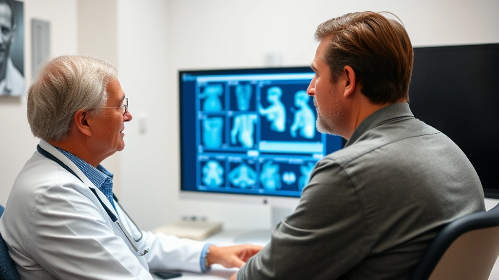 Doctor and patient reviewing test results together on computer monitor in consultation room, collaborative healthcare moment, professional medical environment