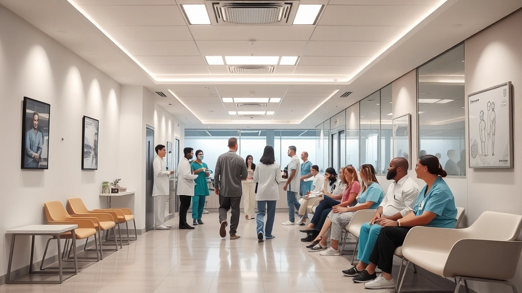 Modern medical clinic interior with comfortable waiting area, soft lighting, diverse people in healthcare uniforms, clean contemporary design, welcoming atmosphere