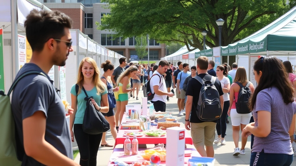Health and wellness fair on university campus, students exploring wellness booths, fitness demonstrations, nutrition information tables, outdoor vibrant setting