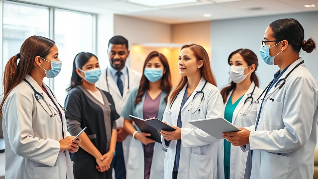 Diverse healthcare professionals in medical attire collaborating in a modern clinic setting with warm lighting and welcoming atmosphere