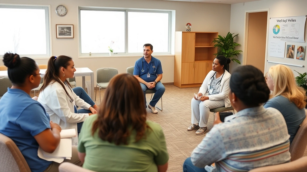 Healthcare team conducting educational wellness workshop with engaged participants in comfortable community center environment