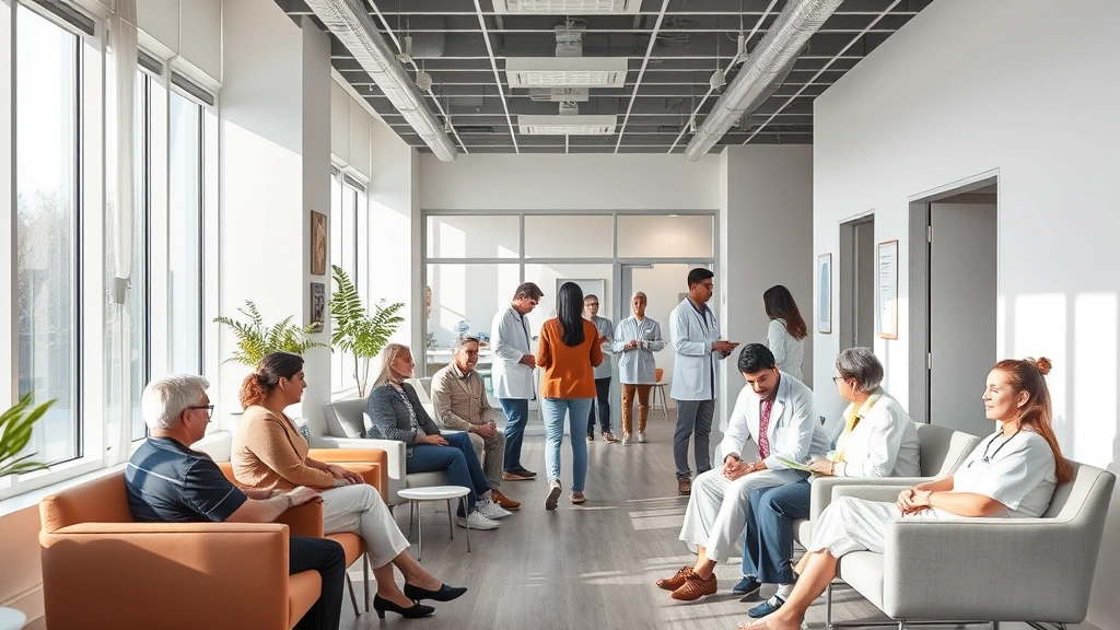 Modern healthcare clinic interior with diverse patients and staff interacting in a welcoming environment, natural lighting, clean contemporary design with comfortable seating areas