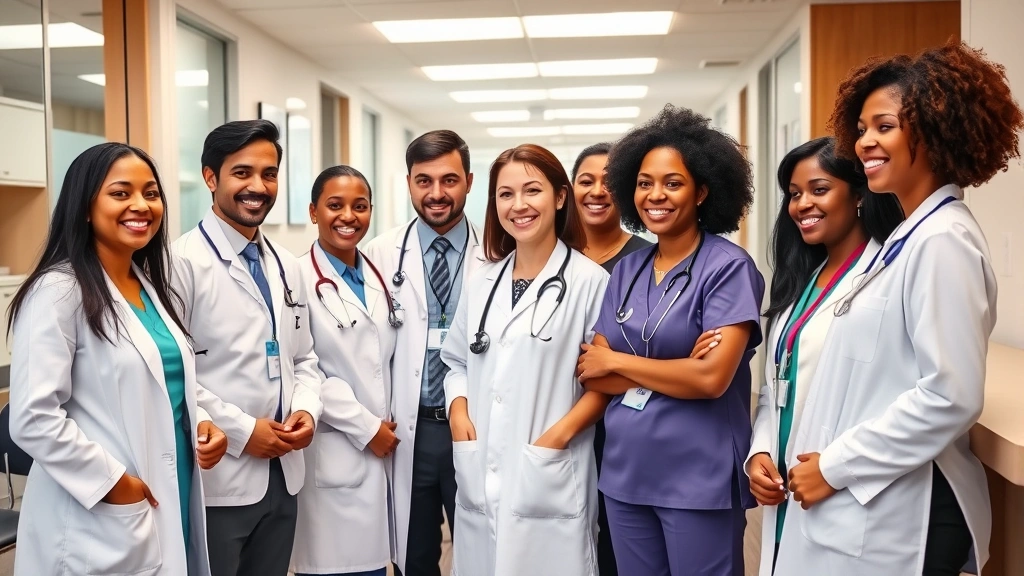 Diverse group of healthcare professionals including doctors, nurses, and care coordinators in a modern medical office setting, smiling and collaborating together