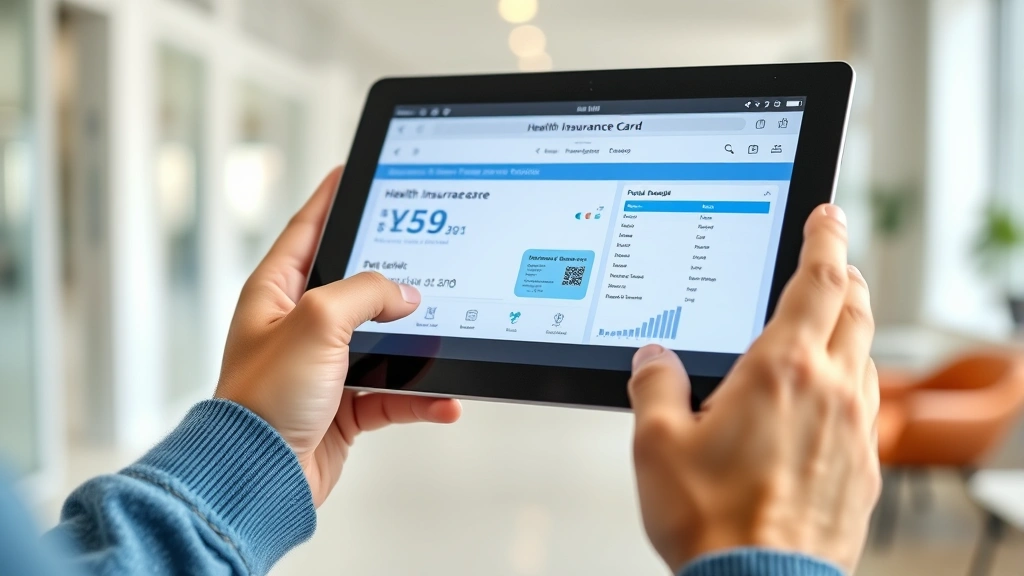 Close-up of a person's hands holding a tablet displaying a health insurance card and medical records on screen in a bright, clean environment